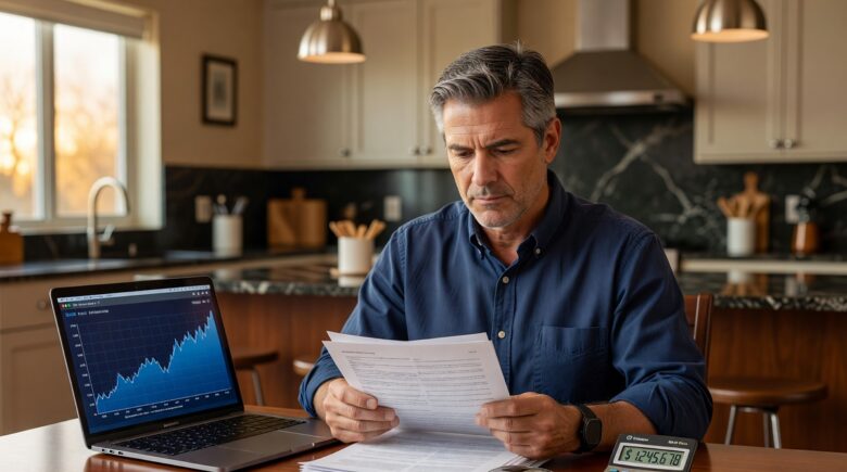 Person reviewing insurance policy documents with rising inflation chart in the background