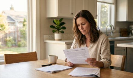 A divorced couple splitting documents and insurance policies on a table