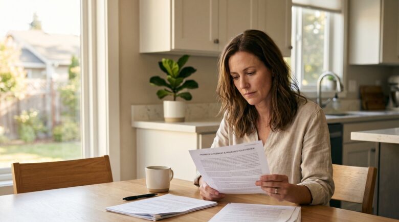 A divorced couple splitting documents and insurance policies on a table