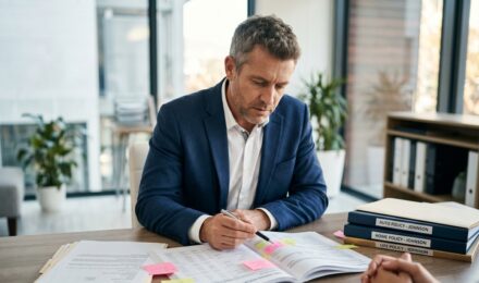 Insurance agent reviewing a policyholder's claims history report across multiple insurance policies