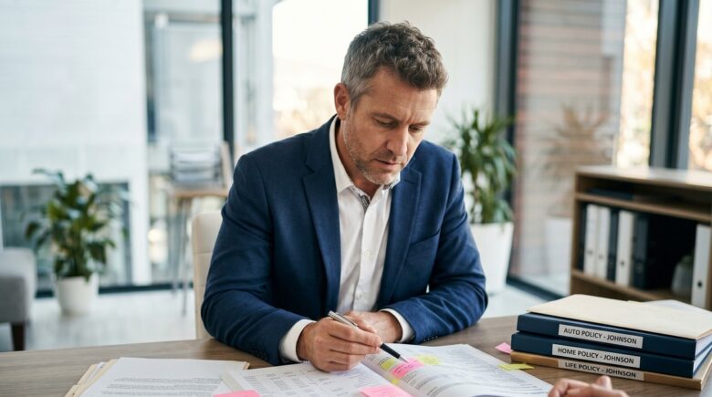 Insurance agent reviewing a policyholder's claims history report across multiple insurance policies