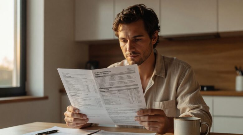 Close-up of an insurance declarations page with highlighted coverage details and policy information