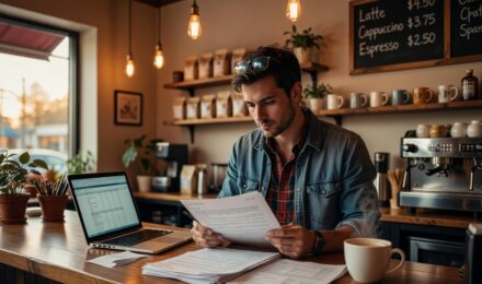 New small business owner reviewing insurance policy documents at a desk