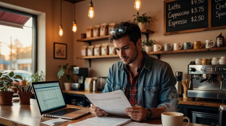 New small business owner reviewing insurance policy documents at a desk
