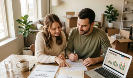 Newly married couple reviewing and consolidating their insurance policies together at home