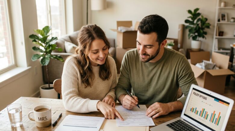 Newly married couple reviewing and consolidating their insurance policies together at home