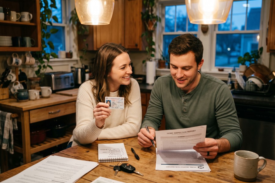 Insurance agent presenting bundled policy options to a newly married couple at a desk