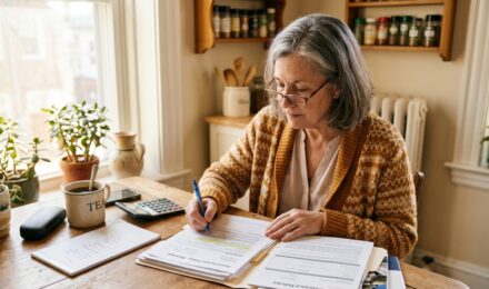 Retired couple reviewing insurance documents at home to reduce costs on a fixed income