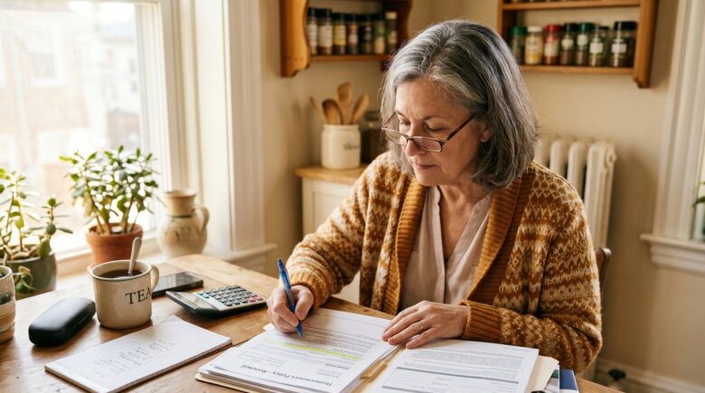 Retired couple reviewing insurance documents at home to reduce costs on a fixed income