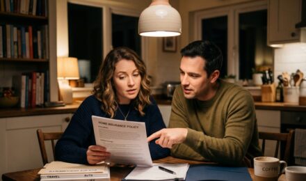 Family reviewing insurance policy documents at kitchen table with checklist and highlighter