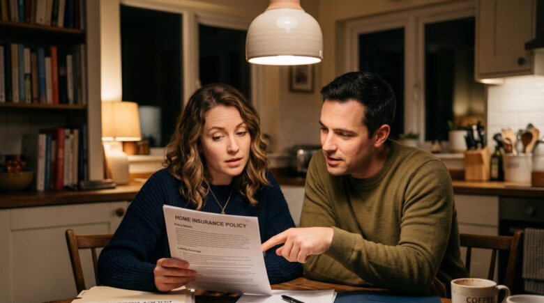 Family reviewing insurance policy documents at kitchen table with checklist and highlighter