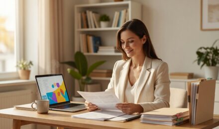Self-employed professional reviewing insurance portfolio documents at a home office desk