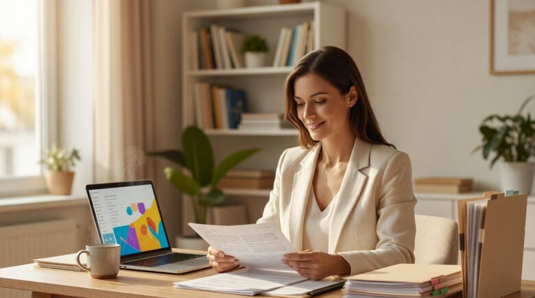 Self-employed professional reviewing insurance portfolio documents at a home office desk
