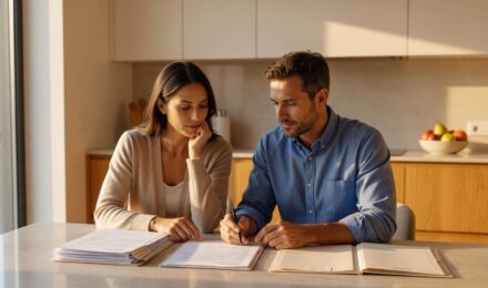 Couple comparing joint term life insurance policy documents with separate individual policy quotes on a desk