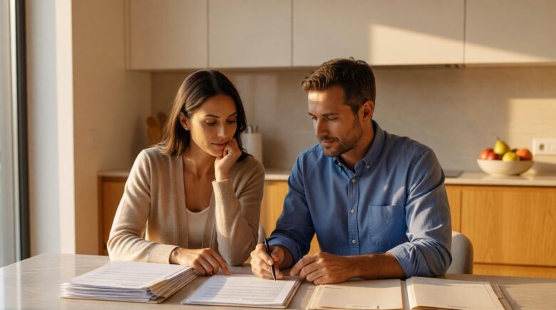 Couple comparing joint term life insurance policy documents with separate individual policy quotes on a desk