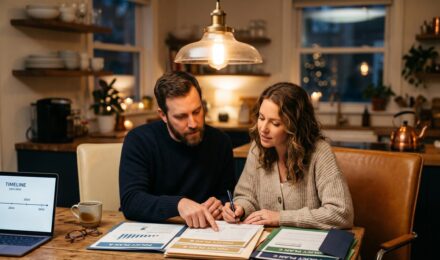 A family reviewing a laddering term life insurance strategy with stacked policy documents on a desk