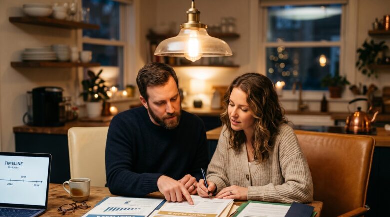 A family reviewing a laddering term life insurance strategy with stacked policy documents on a desk