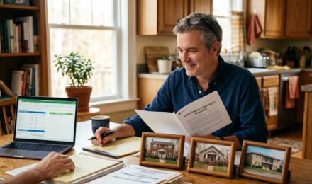 Landlord reviewing rental property insurance documents for three investment properties