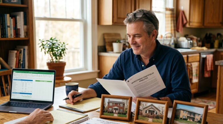 Landlord reviewing rental property insurance documents for three investment properties
