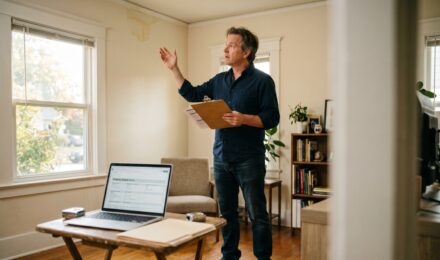 Landlord reviewing rental property insurance policy documents at a desk