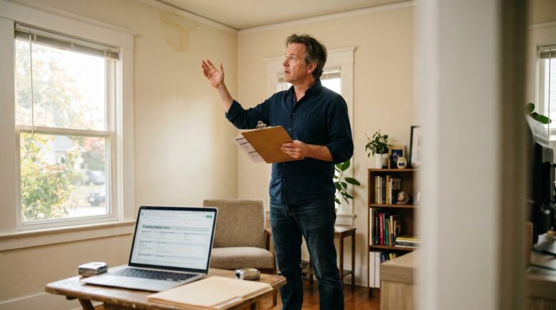 Landlord reviewing rental property insurance policy documents at a desk