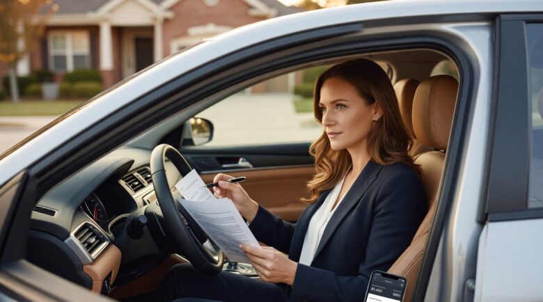 Driver reviewing car insurance policy documents to lower deductible without increasing premium