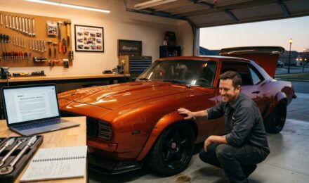 Car enthusiast inspecting a custom-modified vehicle in a garage while reviewing modified vehicle insurance documents