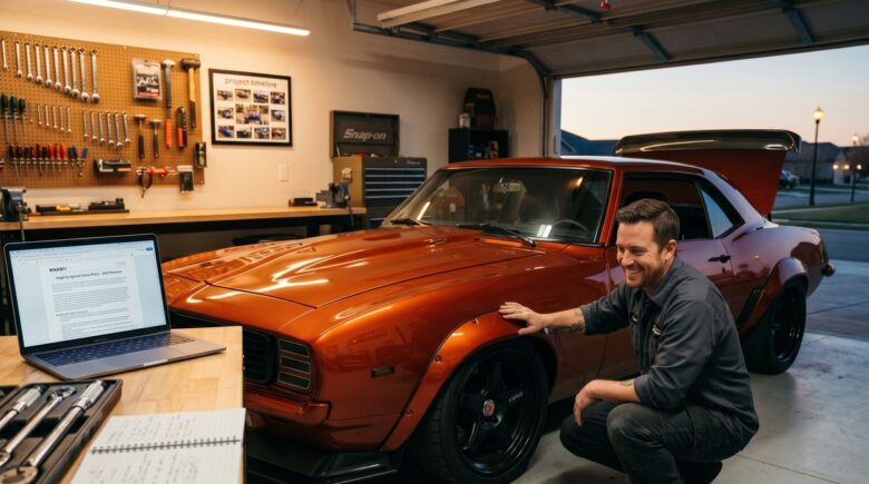 Car enthusiast inspecting a custom-modified vehicle in a garage while reviewing modified vehicle insurance documents
