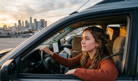 Person reviewing car insurance documents after moving to a new city with boxes in background