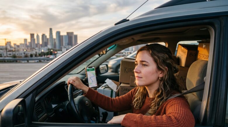 Person reviewing car insurance documents after moving to a new city with boxes in background