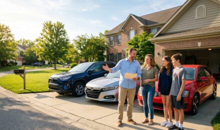 Family reviewing multi car insurance discounts on a laptop at home with two cars in the driveway