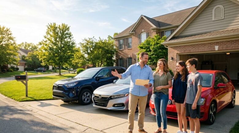Family reviewing multi car insurance discounts on a laptop at home with two cars in the driveway