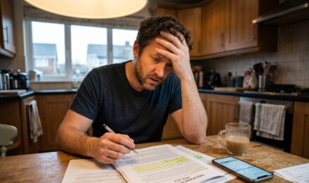 Homeowner reviewing named perils insurance policy fine print at kitchen table