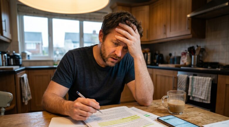 Homeowner reviewing named perils insurance policy fine print at kitchen table