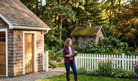 Detached garage, wooden fence, and backyard shed on a residential property illustrating other structures coverage in homeowners insurance