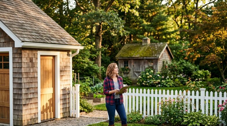 Detached garage, wooden fence, and backyard shed on a residential property illustrating other structures coverage in homeowners insurance