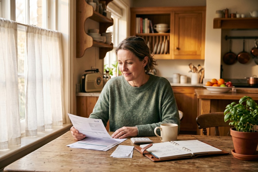 Retiree reviewing auto insurance bill at kitchen table with car parked in driveway outside window