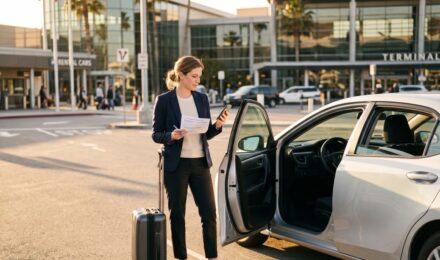 Traveler reviewing rental car insurance coverage options at a car rental counter