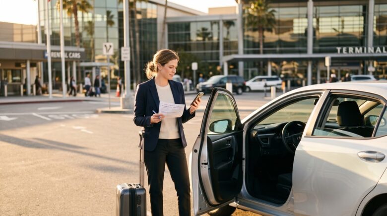 Traveler reviewing rental car insurance coverage options at a car rental counter