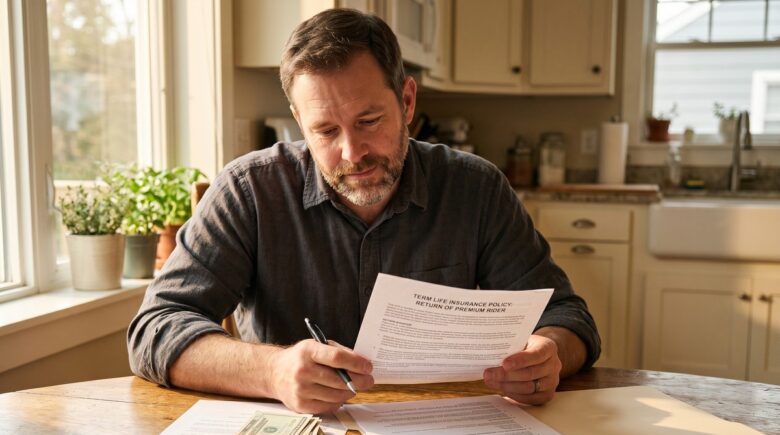 Person reviewing return of premium term life insurance policy documents at a desk