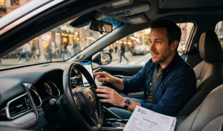 Rideshare driver reviewing auto insurance policy on smartphone before first trip