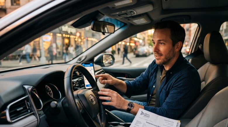 Rideshare driver reviewing auto insurance policy on smartphone before first trip