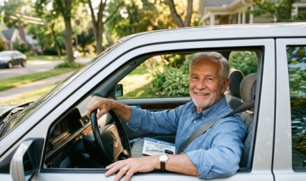 Senior driver over 70 reviewing car insurance policy documents at home