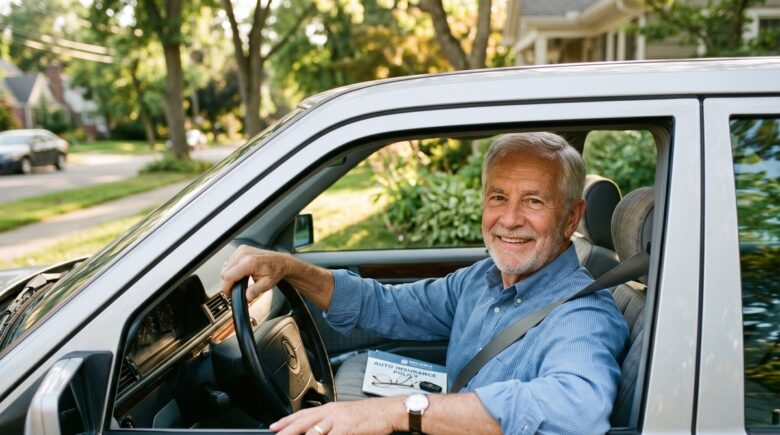 Senior driver over 70 reviewing car insurance policy documents at home