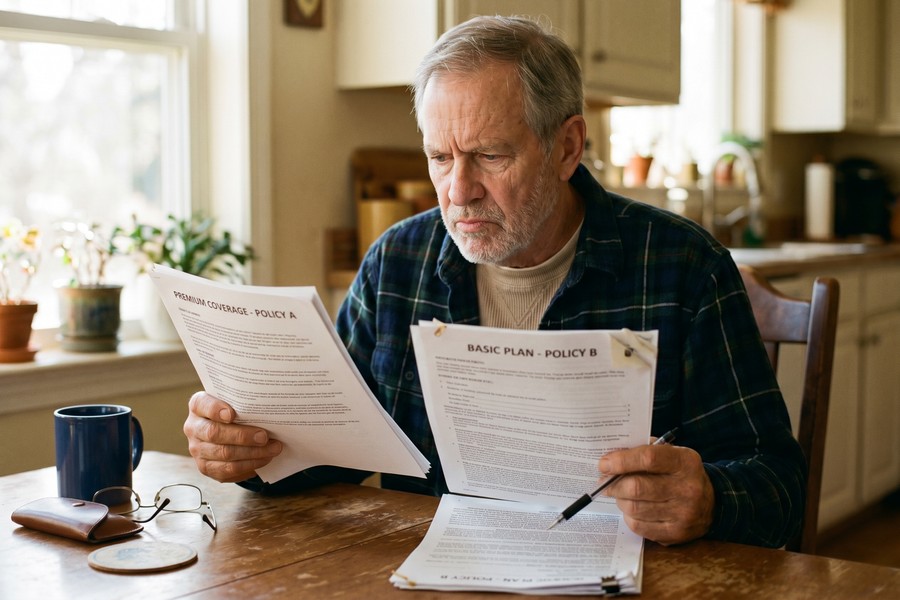 Senior driver comparing car insurance quotes on a laptop at a kitchen table