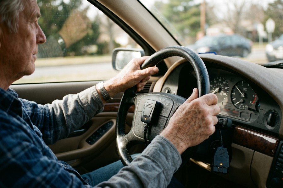 Close-up of a telematics OBD device plugged into a car dashboard port