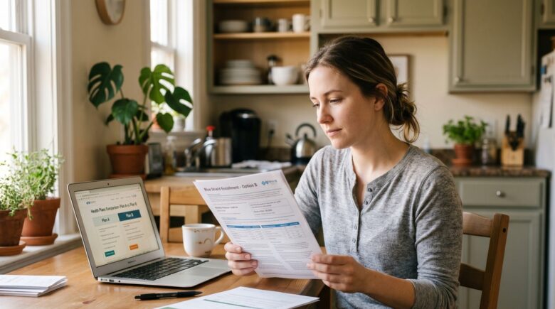Person reviewing short term health insurance plan documents at a desk
