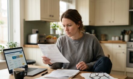 Person reviewing short term health insurance plan documents at a desk
