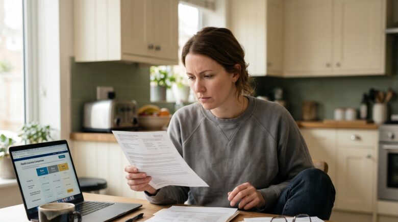 Person reviewing short term health insurance plan documents at a desk
