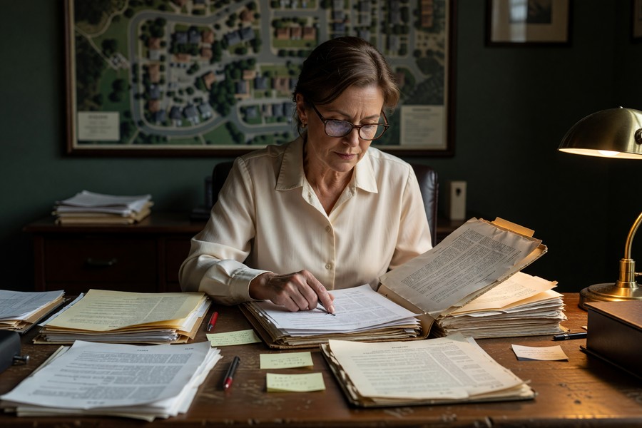 Homeowner reviewing insurance policy documents and claim history report at kitchen table